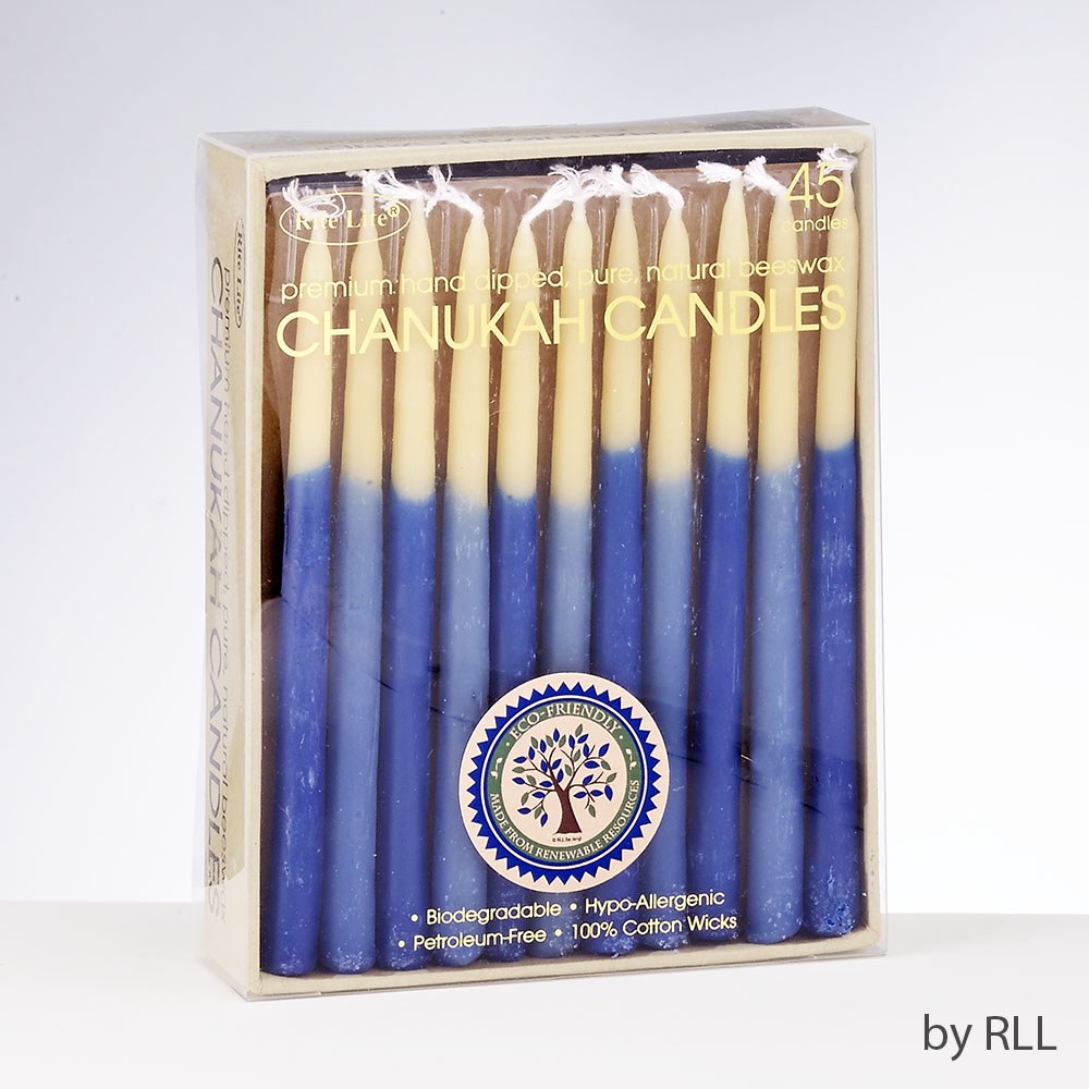 Beeswax Chanukah Candles Hand Dipped Blue and Natural 45 Count The